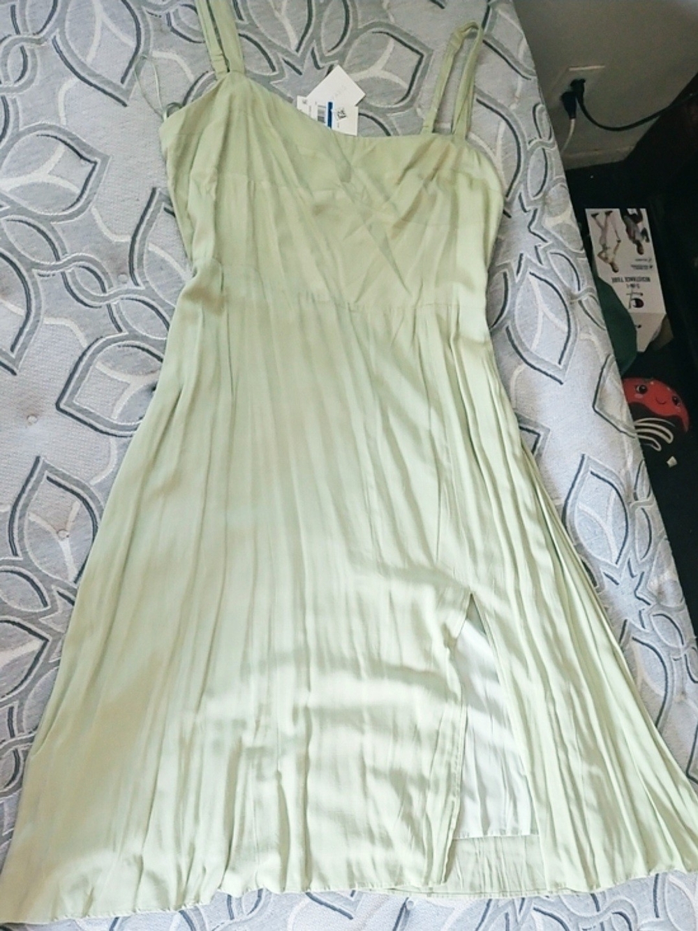Lucy Paris Sage Green Pleated Midi Dress with Spaghetti Straps